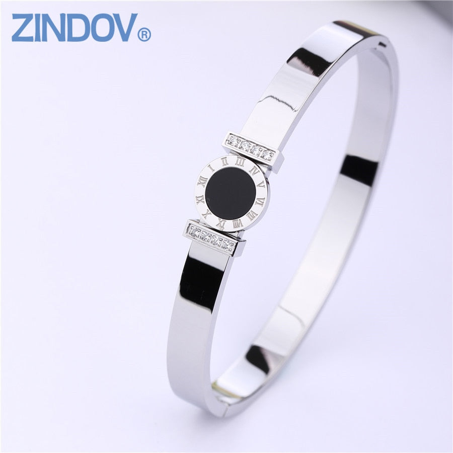 New Stainless Steel Bracelet Gold Women Rose Gold Bangle Jewelry Cubic CZ Setting Luxury Brand Fine Jewelry Roman Numeral