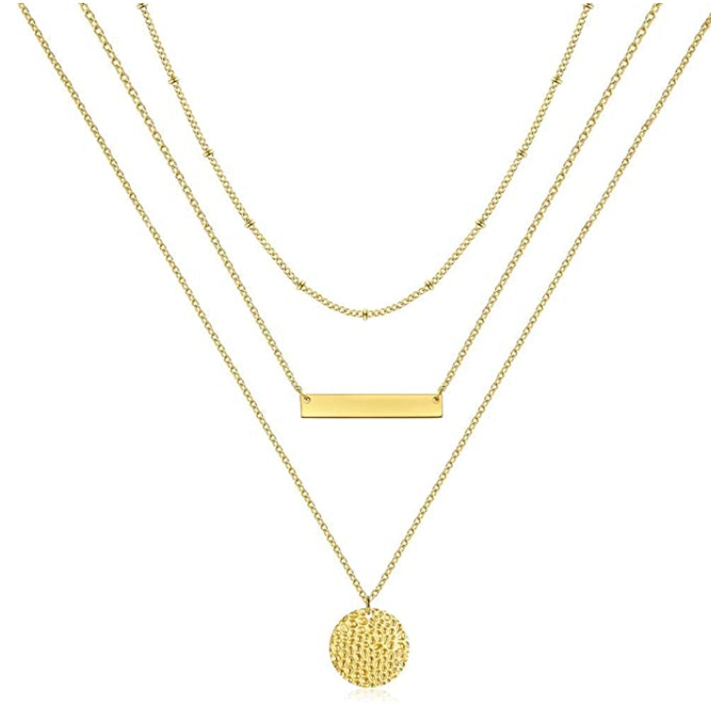 ZMZY Bar Bohemia Stainless Steel Necklace Charm Pendant Multi Layer Disc Necklace Choker Jewelry Mother Women Gift