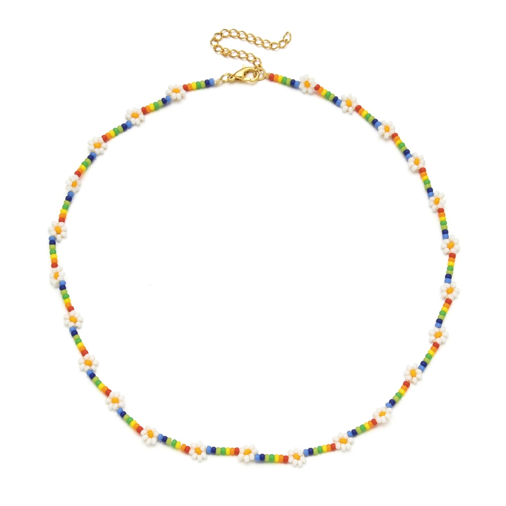 ZMZY Miyuki Bead Flower Necklace Multicolor Choker Necklace Simple Cute Strand Daisy Colorful Women String Collar Gift