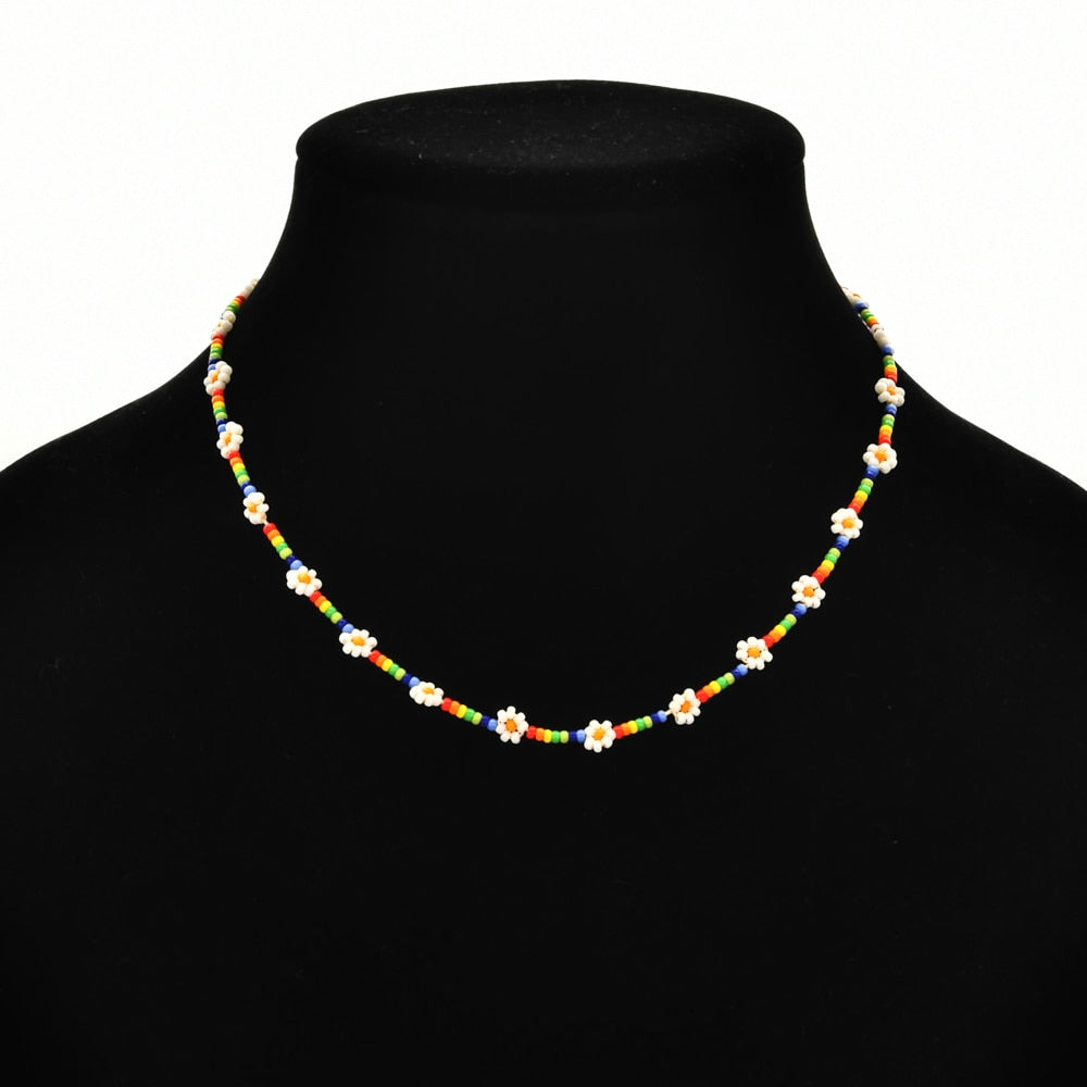 ZMZY Miyuki Bead Flower Necklace Multicolor Choker Necklace Simple Cute Strand Daisy Colorful Women String Collar Gift