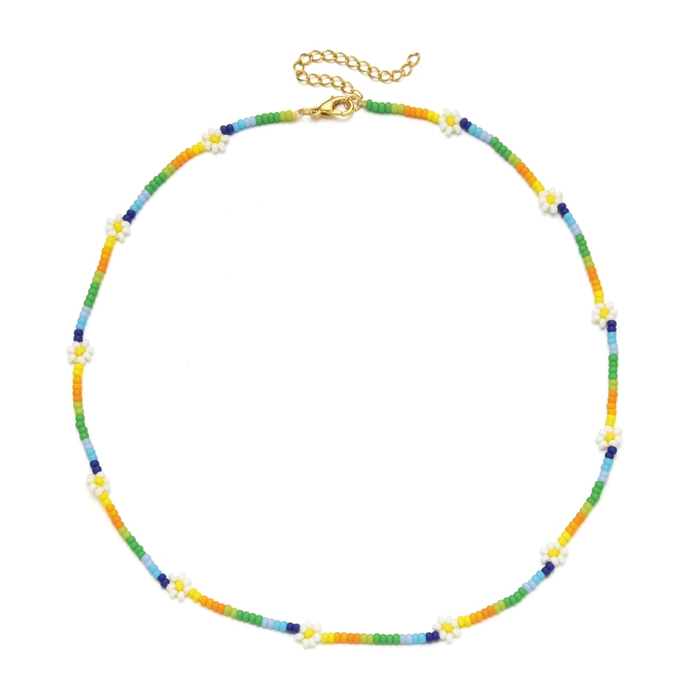 ZMZY Miyuki Bead Flower Necklace Multicolor Choker Necklace Simple Cute Strand Daisy Colorful Women String Collar Gift