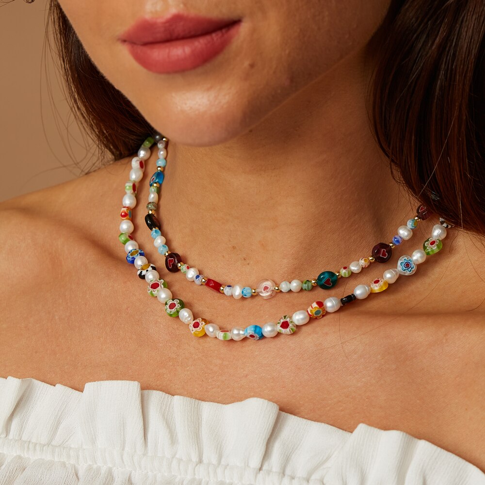 ZMZY Colour Boho Natural Fresh Water Pearl Necklace Color Liuli Glass Flower Beads Choker Necklace Beach Femme Jewelry Gift