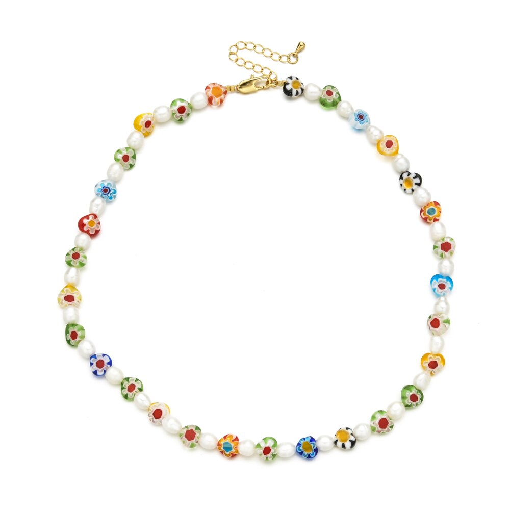 ZMZY Colour Boho Natural Fresh Water Pearl Necklace Color Liuli Glass Flower Beads Choker Necklace Beach Femme Jewelry Gift