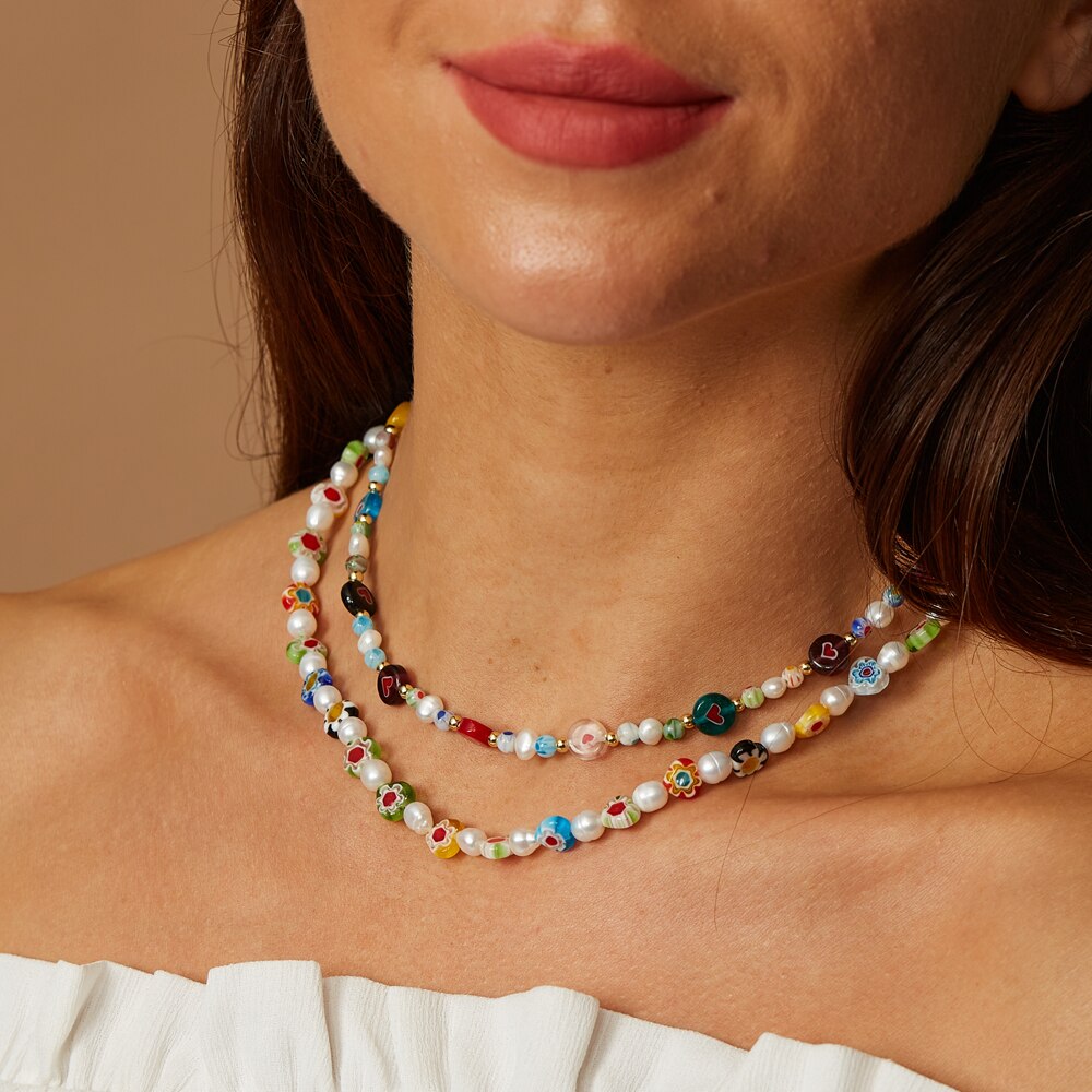 ZMZY Colour Boho Natural Fresh Water Pearl Necklace Color Liuli Glass Flower Beads Choker Necklace Beach Femme Jewelry Gift