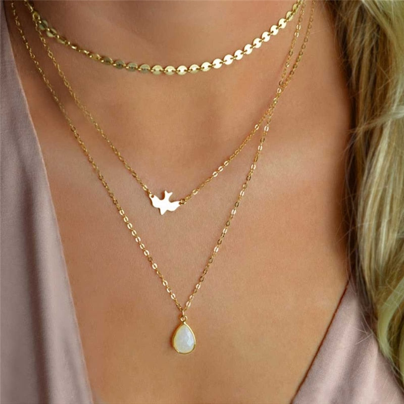 2020 Chokers Necklaces For Women 3 Layers Crystal Sequins Chain Pigeon Bird Water Drop Pendant Multilayer Necklace Female