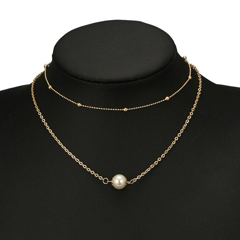 New Multi-layer Women Necklace Simple Chain Cute Sweet Bead Choker Clavicle Gold Chain Statement Necklace