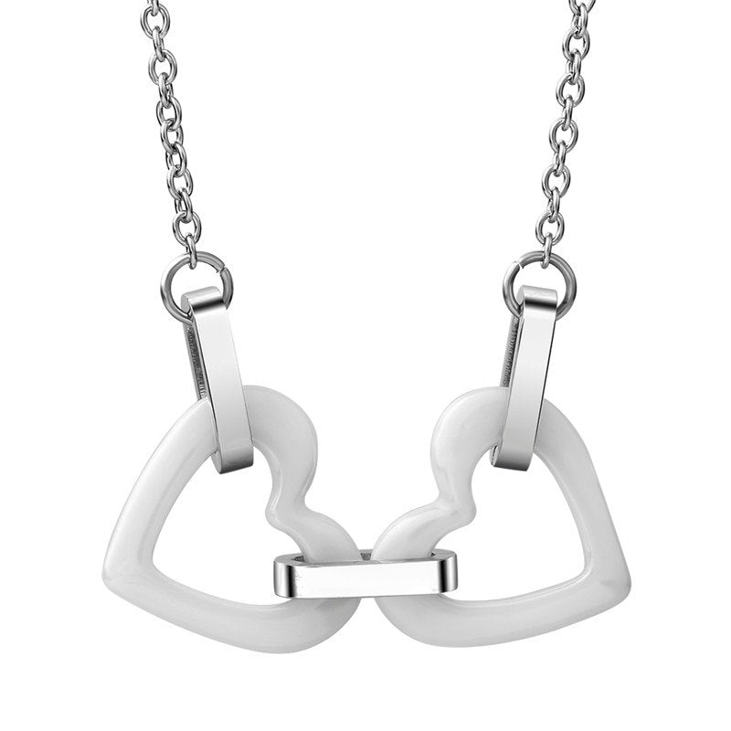 Double White Ceramic Double Heart Pendant Necklace With Stainless Steel Link Chain Women Fashion Necklace