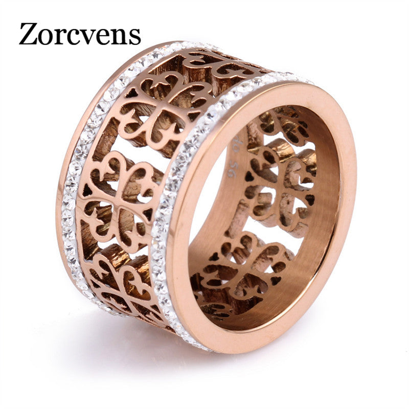 Fashion Flower Vintage Wedding Rings For Women Classic Design Rose Gold Color Stainless Steel 2 Row Zircon Crystal Ring