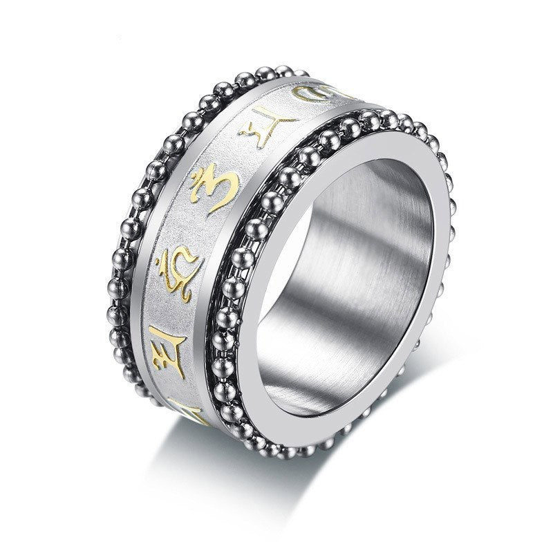 New Rotatable Mantra Ring for Men 11MM Stainless Steel Prayer Religious Male Spinner Anel Jewelry