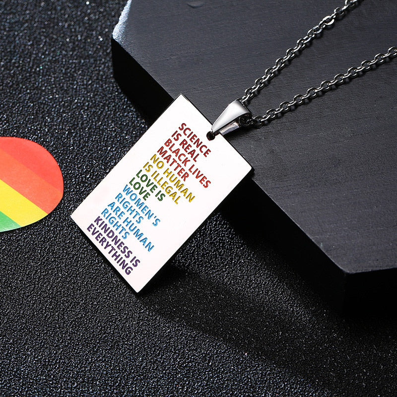 ZORCVENS  Silver Color Stainless Steel Pendant Necklace Rainbow Letter Gay Lesbian LGBT Pride Wedding Necklace for Men Women