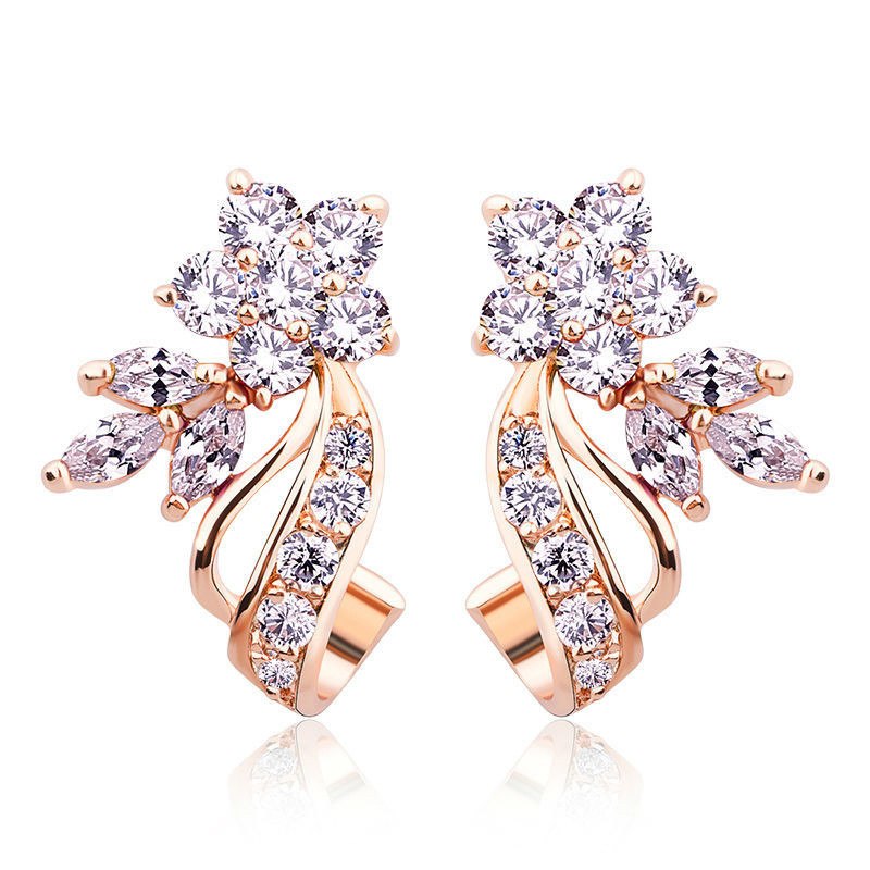 Rose Gold Color Classic Austria Cubic Zircon Crystal Flower Tiny Cubic Zirconia Elegant Drop Earrings for Women