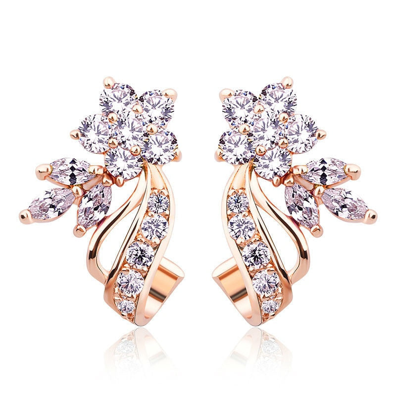 Rose Gold Color Classic Austria Cubic Zircon Crystal Flower Tiny Cubic Zirconia Elegant Drop Earrings for Women