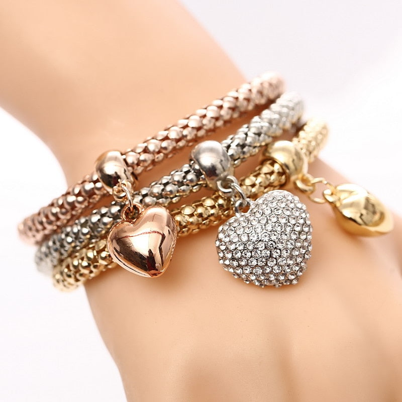 ZOSHI 3 Pcs/Set Crystal Owl Heart Charm Bracelets & Bangles Gold Alloy Elephant Anchor Pendants Rhinestone Bracelets For Women