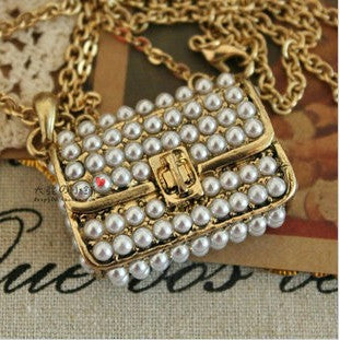 Brand Imitation Gold Color Luxury Crystal Full Rhinestone Fake Pearl Box Pendant Long Chain Necklace Women Jewelry