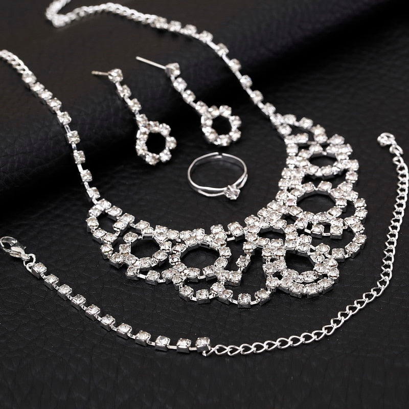 Luxury Cubic Zirconia Bridal Jewelry Sets Crystal Female Party Jewelry Silver Plated Necklace Earrings Bracelet Ring Sets