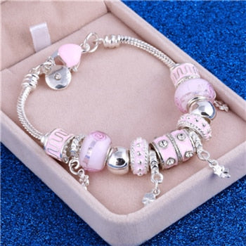 Pink Crystal Charm Silver Bracelets & Bangles for Women With Aliexpress Murano Beads Silver Bracelet Femme Love Jewelry