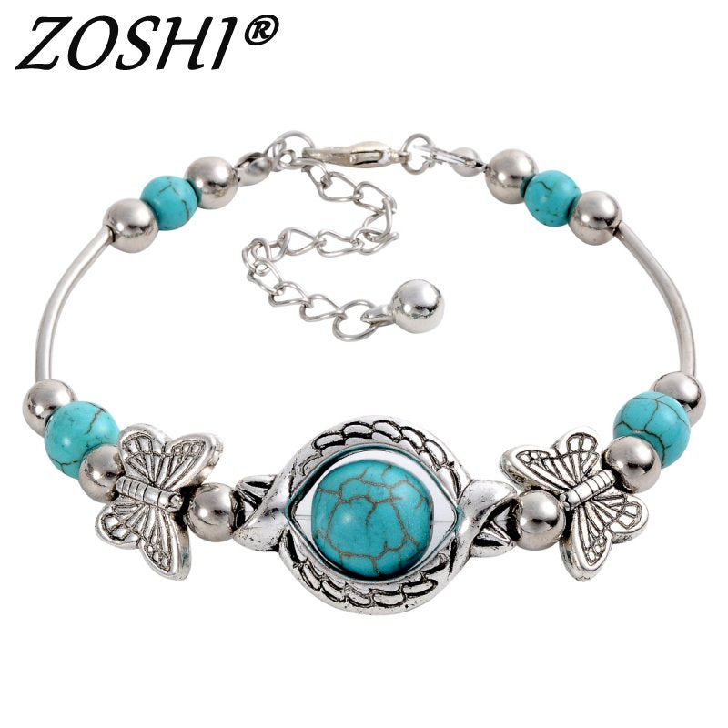 Vintage-Charming-Crystal-Tibetan-Silver-Butterfly-round-blue-turquoise-beads-bracelet-jewelry-for-women-2014-Wholesale