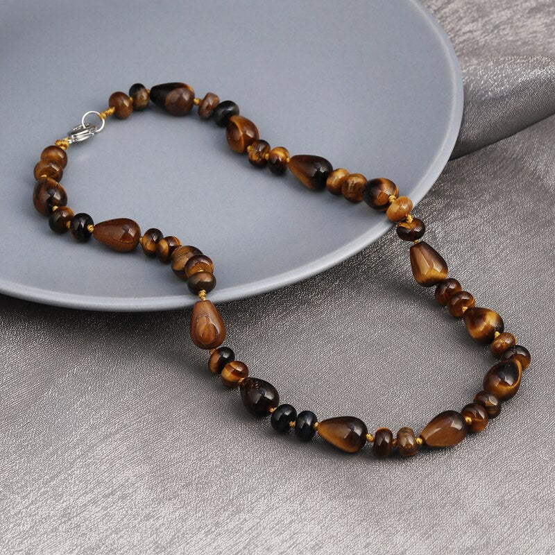 ZOSHI Vintage Women Necklace Jewelry Beaded Choker Nature Tiger Eye Stone Beads Collares Handmade Rope DIY Short Necklace