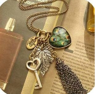 fashion vintage female long design peacock feather tassel necklace love key   Pendants & Necklaces women jewelry