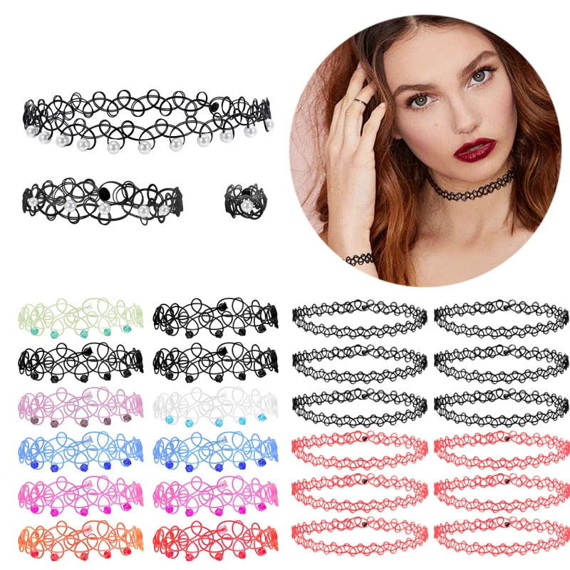 ZS 3/12pcs Vintage Tattoo Choker Bracelet Sets Colorful Punk Rock Gothic Chain Necklace for Women Girls Stretch Necklace Elastic