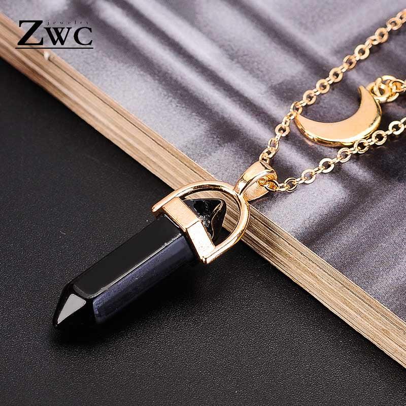 Fashion Charm Natural Stone Moon Double Pendant Necklace For Woman Man Girl Retro Personality Necklace Jewelry Gift