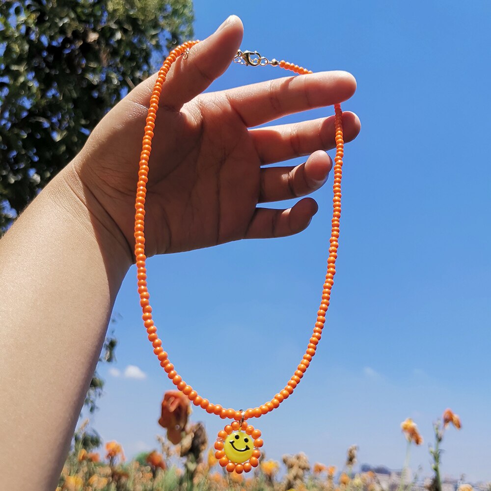 ZX Trendy Handmade Colorful Beaded Chain Choker Necklace Cute Similey Face Pendant Necklace  Jewelry Women Accessories