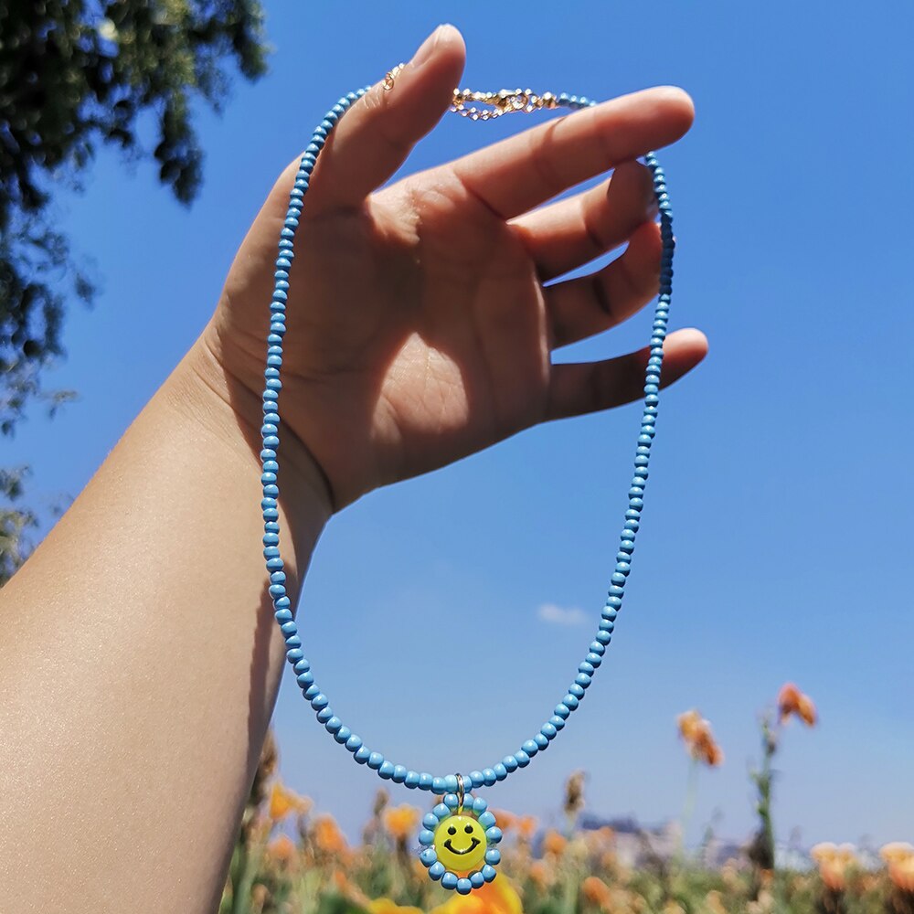 ZX Trendy Handmade Colorful Beaded Chain Choker Necklace Cute Similey Face Pendant Necklace  Jewelry Women Accessories