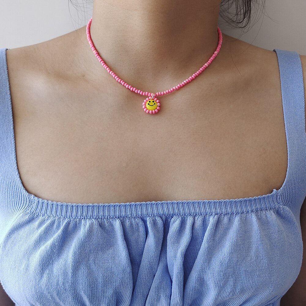 ZX Trendy Handmade Colorful Beaded Chain Choker Necklace Cute Similey Face Pendant Necklace  Jewelry Women Accessories