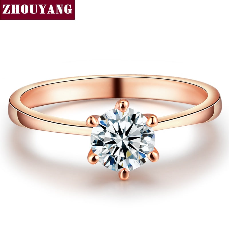 ZYR014 Real Rose Gold Color Six Claw Cubic Zirconia Round Cut 1 Carat 6mm Wedding Ring Austrian Crystals Wholesale For Women