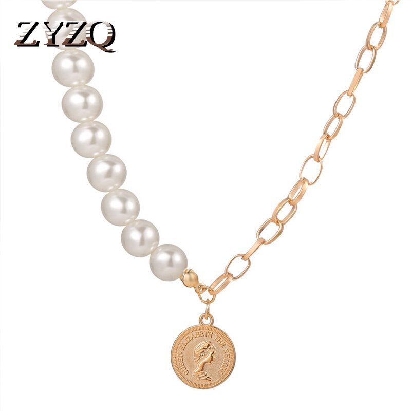 ZYZQ Retro Personality Coin Badge Pendant Necklace for Women Creative Asymmetric Disc Imitation Pearl Necklace Trendy Jewelry