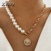 ZYZQ Retro Personality Coin Badge Pendant Necklace for Women Creative Asymmetric Disc Imitation Pearl Necklace Trendy Jewelry