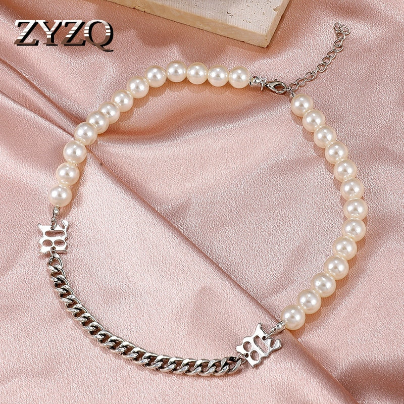 ZYZQ Temperament Imitation Pearl Letter Stitching Necklace for Women Creative Asymmetrical Short Choker Clavicle Chain Jewelry