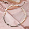 ZYZQ Temperament Imitation Pearl Letter Stitching Necklace for Women Creative Asymmetrical Short Choker Clavicle Chain Jewelry