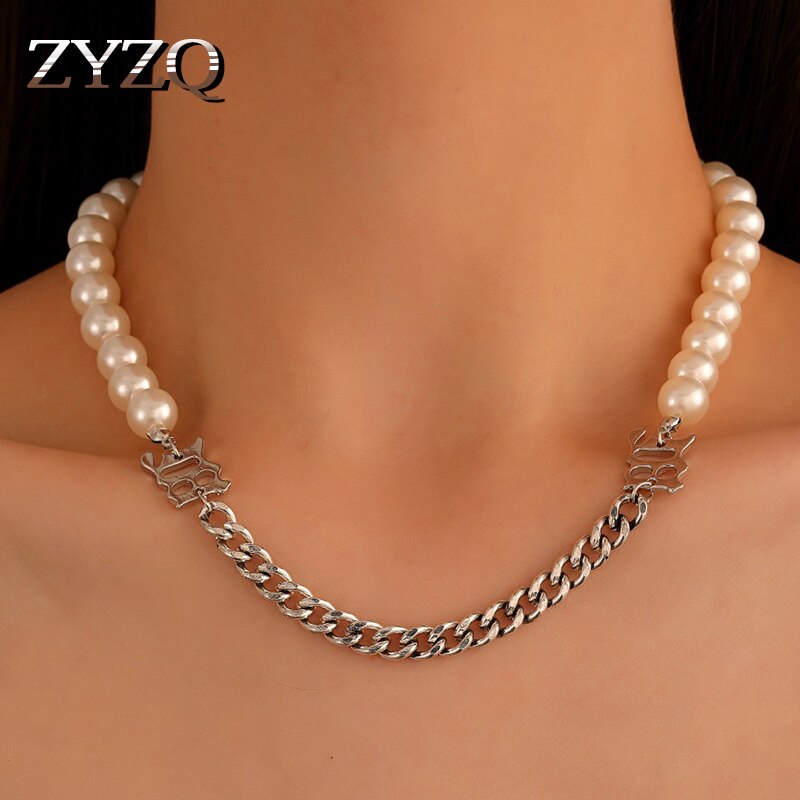 ZYZQ ins Simple Imitation Pearl Stitching Necklace for Women Personality Asymmetrical Letter Short Choker Clavicle Chain Jewelry
