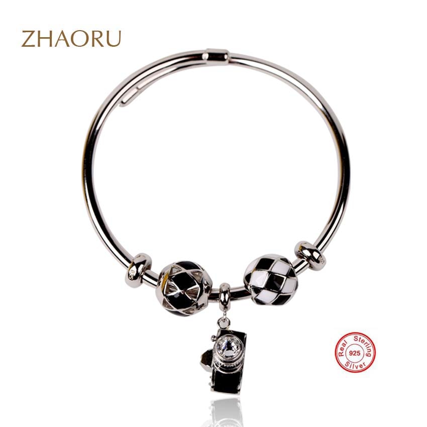 Authentique 925 Sterling Silver Bangle with Black Enamel Swarovski Crystal bracelet for Women Fashion Jewelry Gift Bangle