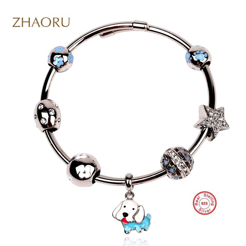 Authentique 925 Sterling Silver Bangle with Crystal Blue Enamel Bead Bracelet for Women Fashion Jewelry