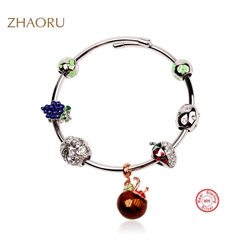 Authentique 925 Sterling Silver Bangle with Crystal Green Enamel Bead Bracelet for Women Fashion Jewelry