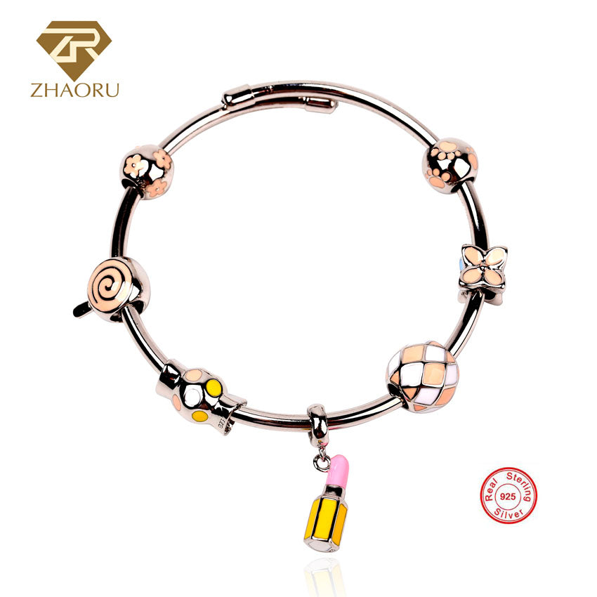 Authentique 925 Sterling Silver Bangle with Crystal Pink Enamel Bead Bracelet for Women Fashion Jewelry