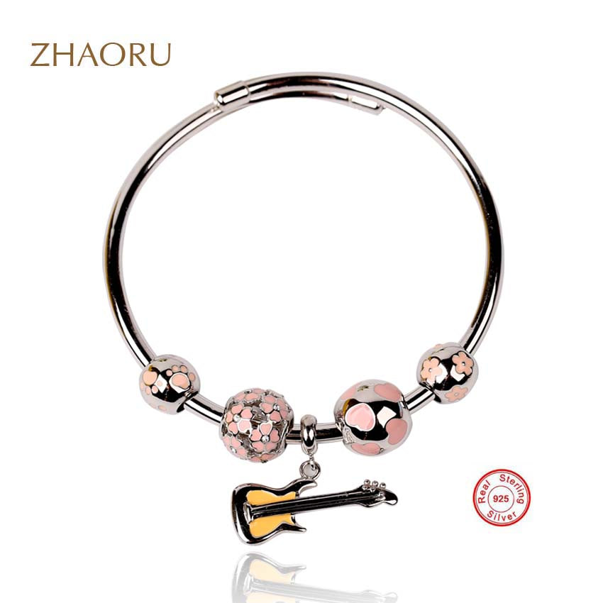 Authentique 925 Sterling Silver Bangle with Pink Enamel Swarovski Crystal bracelet for Women Fashion Jewelry Silve Bangle