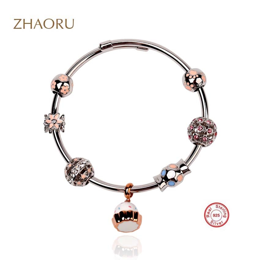 Authentique 925 Sterling Silver Bangle with Swarovski Crystal Pink Enamel Jewelry Bracelet for Women Fashion Jewelry