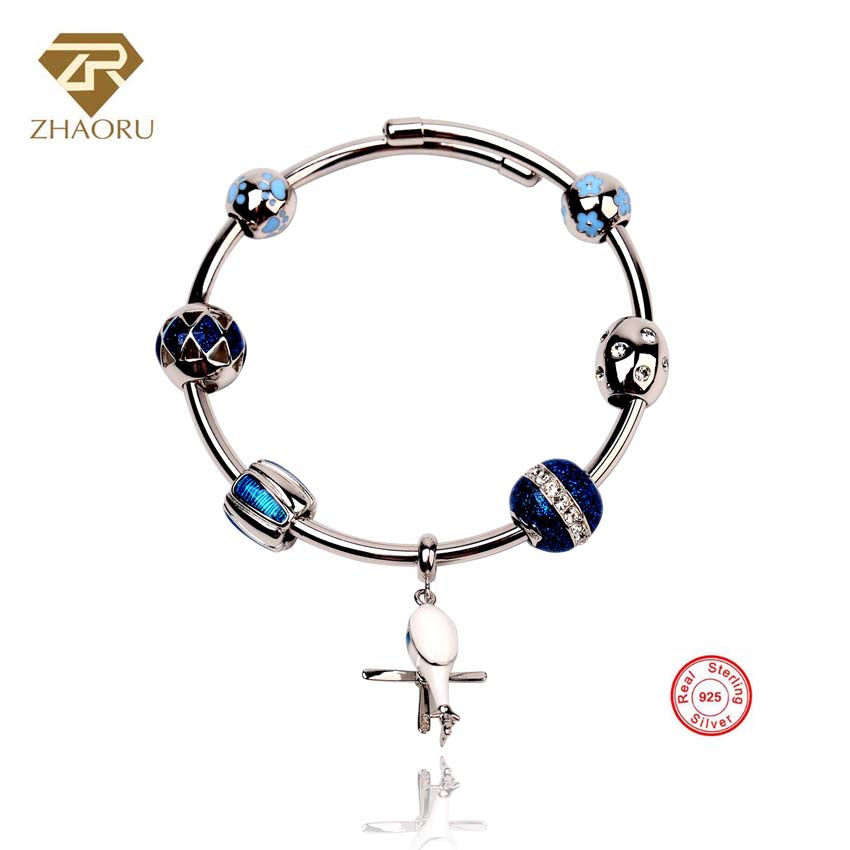 Authentique 925 Sterling Silver Bangle with Swarovski crystal Blue Enamel Bead Bracelet for Women Fashion Jewelry
