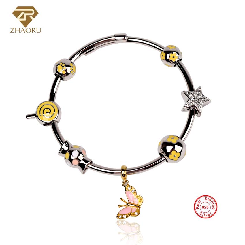 Authentique 925 Sterling Silver Bangle with Swarovski crystal Yellow Enamel Bead Bracelet for Women Fashion Jewelry