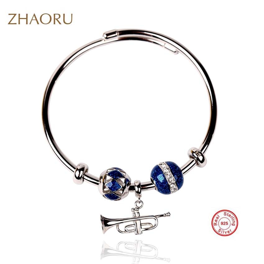 Authentique 925 Sterling Silver Bangles Blue Enamel Bracelet for Women Fashion Jewelry Bangle with Swarovski crystal