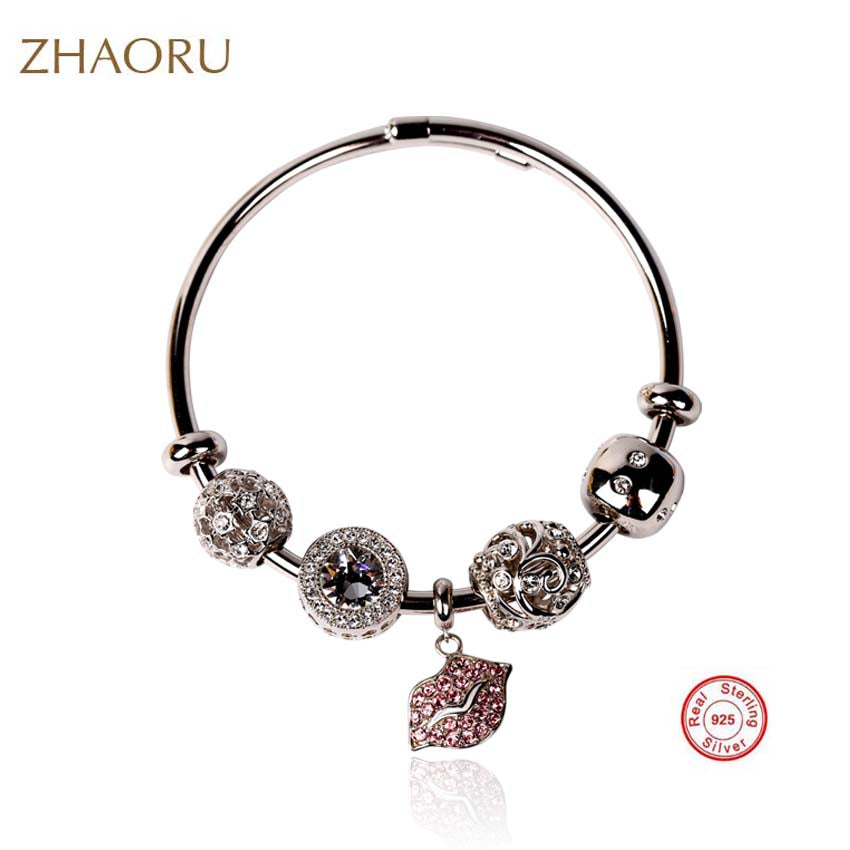 Authentique 925 Sterling Silver Bangles Swarovski crystal Bangle Bracelet for Women Fashion Jewelry DIY Gift for lovers