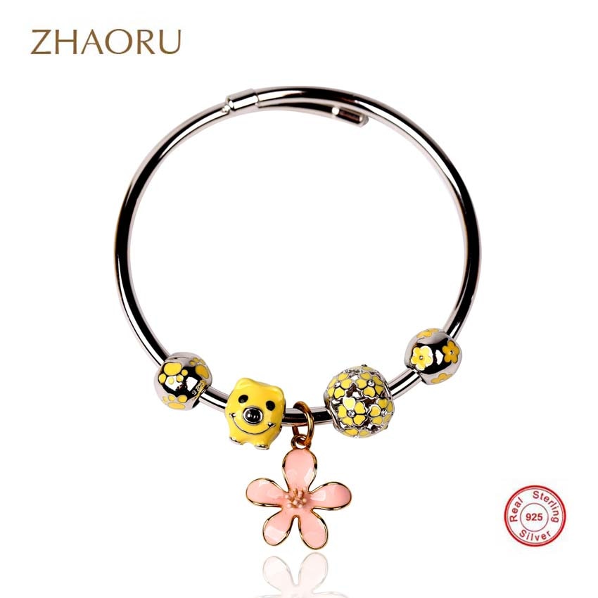 Authentique 925 Sterling Silver Bangles Swarovski crystal Bangle Yellow Enamel Bracelet for Women Fashion Jewelry Gift