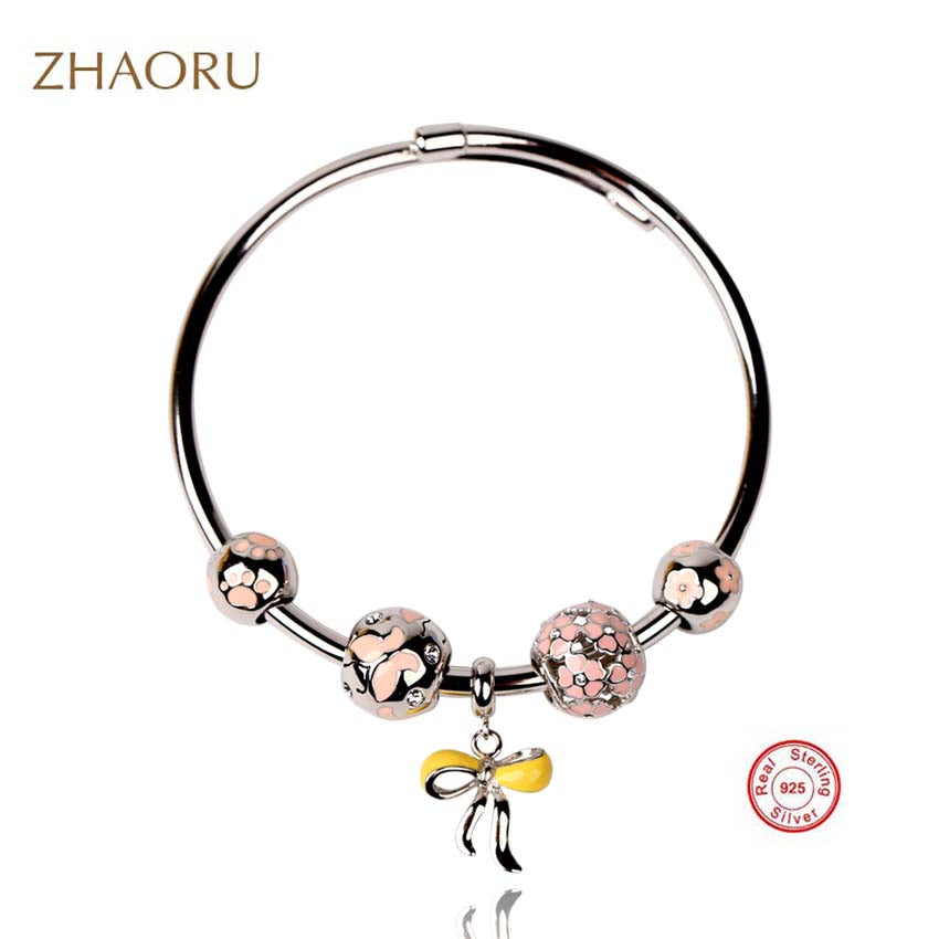 Authentique 925 Sterling Silver Bangles Swarovski crystal Bangles Pink Enamel Bracelet for Gift Women Fashion Jewelry