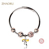 Authentique 925 Sterling Silver Bangles Swarovski crystal Bangles Pink Enamel Bracelet for Gift Women Fashion Jewelry