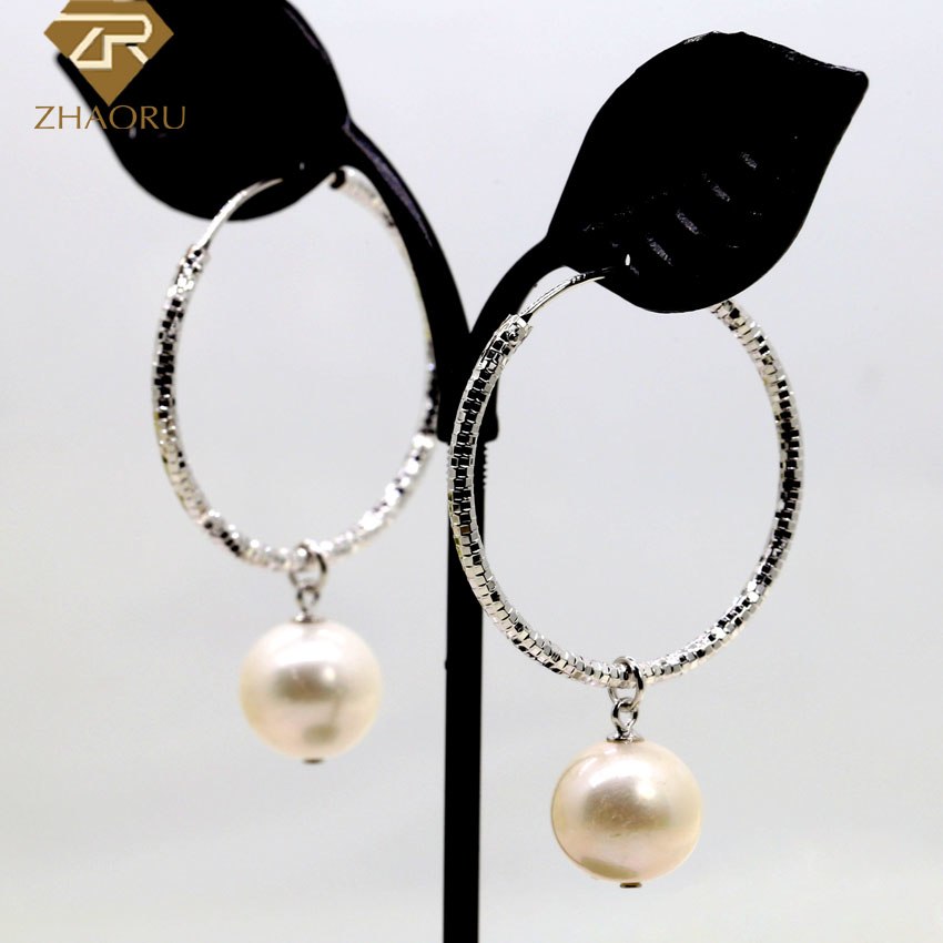 Pearl with 925 Silver Earring Tube Circle for Women Genuine Jewelry Gift ZE002