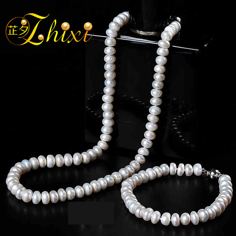 [Zhixi] Natural pearl jewelry set ,8-9mm natural pearl necklace /bracelet best anniversary gift for lover set105