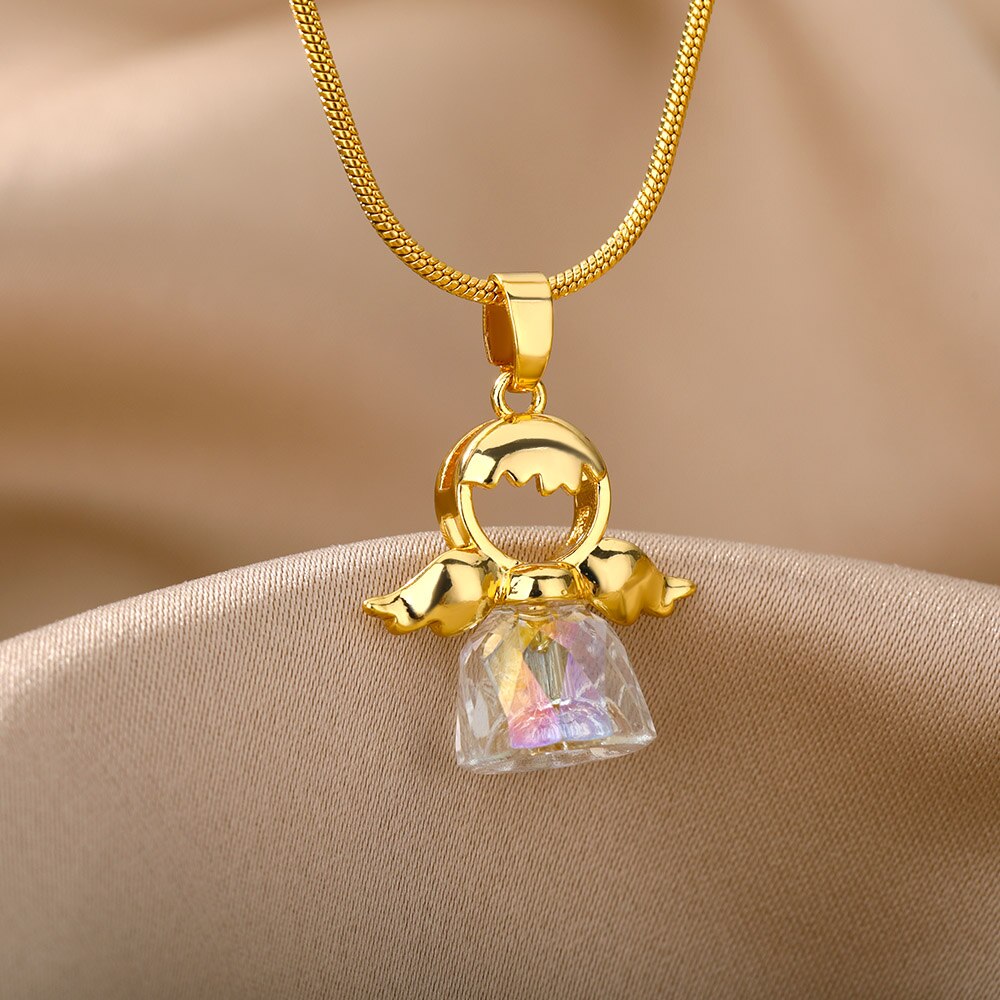 Zircon Angel Girl Pendant Necklace Charm Crystal Necklaces For Women 2023 Stainless Steel Couple Jewerly Christmas Gift collares